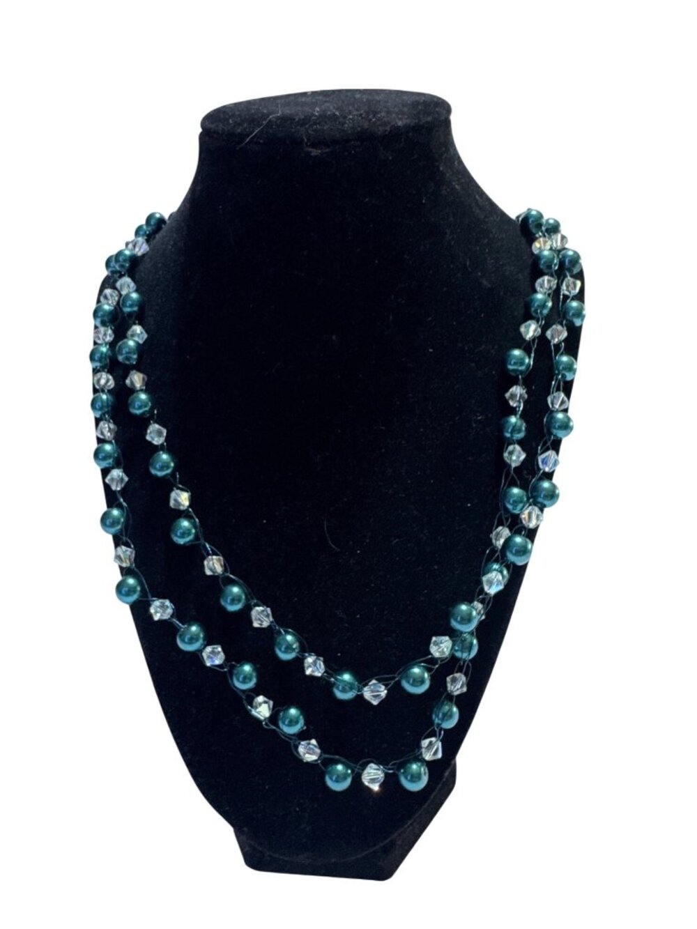Handcrafted Beaded Necklace Blue Faux Pearl & Crystal 23 In Wired Strand Pre-Own